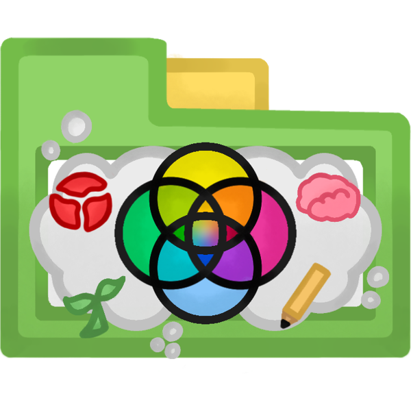 A AAC folder that resembles a horizontal folder. The folder is green with a big white rectangle going across the base. And there is a yellow tap on the top besides the top tap. In the middle are the emmengard rings and besides those are clouds or fog. On the upper left is the traumagenic symbol, a red circle in 3 thirds. On the bottom left is a simple sprout plant. On the upper right is a simply pink brain. And on the lower right is a pencil.